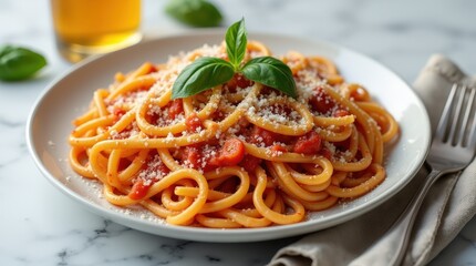 Indulgent spaghetti in rich tomato sauce with fresh basil garnish