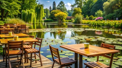Fototapeta premium Wooden tables and chairs are arranged around a picturesque pond with lily pads and water flowers, creating a tranquil beer garden atmosphere, lily pads, water flowers