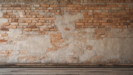 Vintage brick wall texture with rustic wooden flooring for interior design and construction backgrounds.
