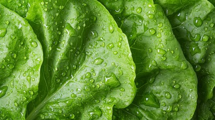 Fresh Vibrant Green Lettuce Leaves with Water Droplets on Surface