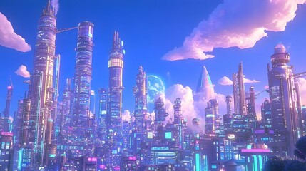 Fototapeta premium Vibrant Futuristic Cityscape with Skyscrapers and Colorful Skies