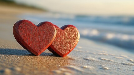 Fototapeta premium Beach sunset, two hearts, romance, love, card