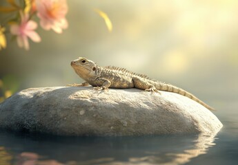 Obraz premium A lizard basking on a warm, large stone. The photo captures the moment of tranquility and the natural behavior of the reptile in its habitat.