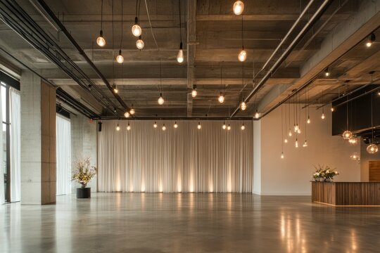 Industrial-style Hotel Ballroom With Minimalist Design and Dramatic Natural Lighting
