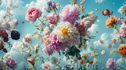 Bright seasonal flowers delicately arranged on a sky-blue pastel surface, evoking a fresh and calming effect