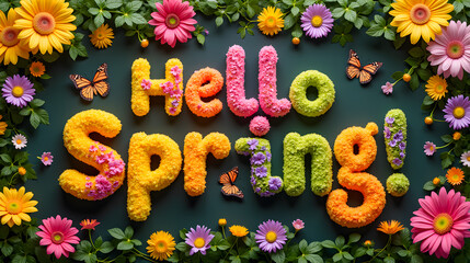 Colorful Floral Arrangement with Text Saying Hello Spring Featuring Butterflies and Vibrant Flowers on Green Background