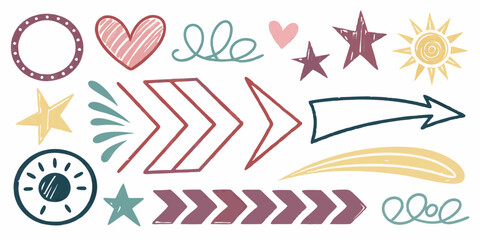 Obraz premium Crayon pencil color brush hand drawn chalk vector element set. Scribble pastel texture brush stroke kid square, spiral, arrow element hand drawn sketch design. Crayon pencil style. Vector illustration