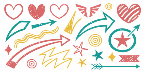 Crayon pencil color brush hand drawn chalk vector element set. Scribble pastel texture brush stroke kid square, spiral, arrow element hand drawn sketch design. Crayon pencil style. Vector illustration