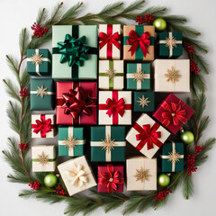 Christmas gift box with white ribbon on Christmas wreath, fir branches, Christmas balls