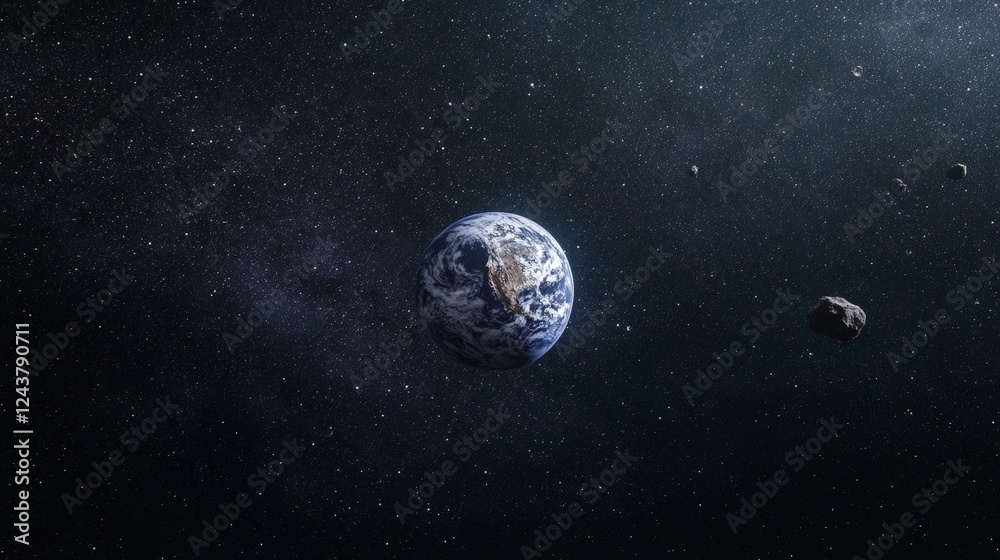 Poster planet earth occupies the center of the scene, surrounded by asteroids hurtling through the vastness
