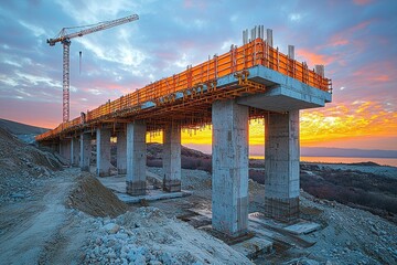 Construction of a bridge at sunset, showcasing cranes and scaffolding with a scenic background of hills and water