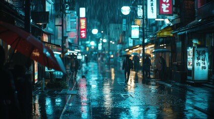 Obraz premium Rainy Night in Japan: A Tranquil Cityscape