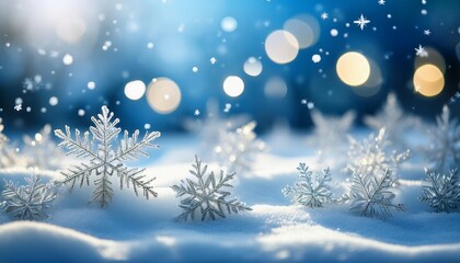 Naklejka premium winter scene featuring soft snowflakes on shimmering snow with a tranquil blue background and gentle bokeh effect