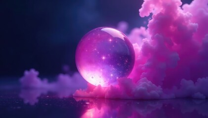 Obraz premium A glowing crystal orb suspended in mid-air with swirling purple smoke, crystal, smoke, ethereal