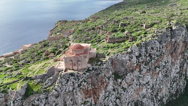 Aerial view of small Byzantine church of Agia Sofia on top of Monemvasia medieval castle a small replica of Istanbul Agia Sofia, Lakonia, Greece