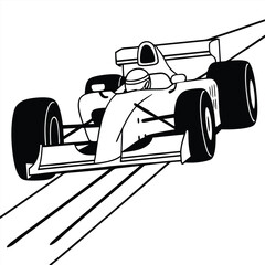 Minimalist line-art illustration of a high-speed Formula 1 race car, 