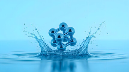 Metallic molecule structure splashing into water on blue background, representing science, chemistry, and innovation in modern technology