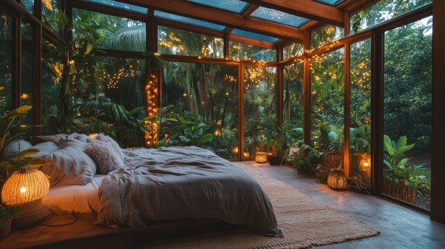 A bedroom in a glass house surrounded by lush greenery or a forest. A tropical-themed bedroom with large windows opening to a beach view. A boho outdoor bedroom setup under the stars 
