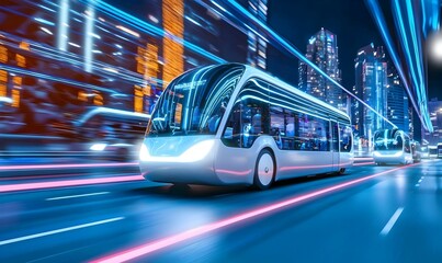 Fototapeta premium Futuristic Electric Tram Moving Through a Vibrant Cityscape at Night