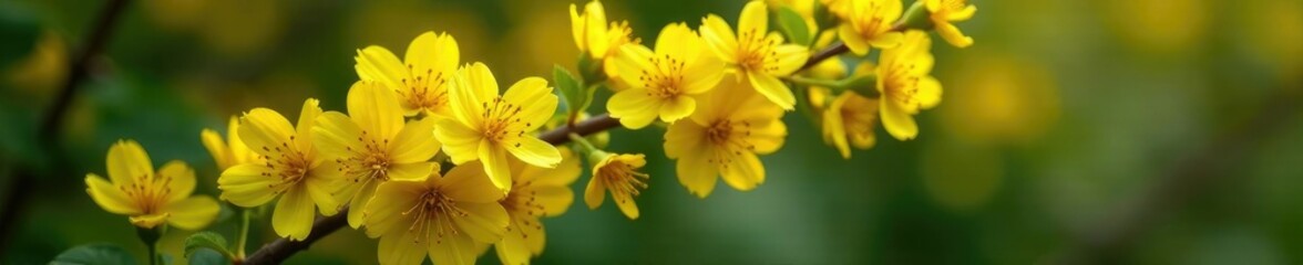 Obraz premium Clusters of yellow flowers on Mahonia aquifolium branches during spring bloom, mahonia, yellow flowers