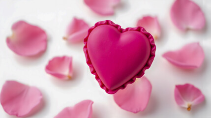Obraz premium Pink Heart-Shaped Cake with Delicate Petals Surrounding it on White Surface for Romantic Occasions and Celebrations