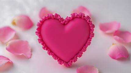 Obraz premium Heart-shaped pink decoration with frills surrounded by delicate rose petals on a soft white background for romantic themes