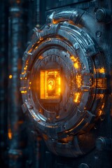 Fototapeta premium Conceptual image of a secure digital vault with a lock symbolizing online insurance protection, futuristic and clean