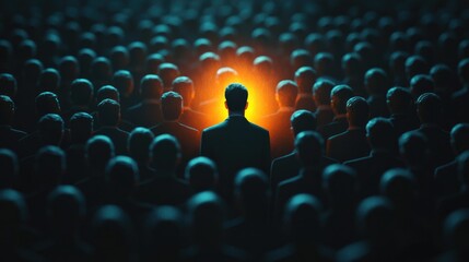 Obraz premium Competitive edge in business depicted through a businessman standing out from the crowd with glowing effect