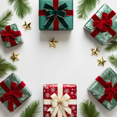 Christmas gift box with white ribbon on Christmas wreath, fir branches, Christmas balls