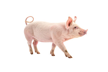 A pig appears in mid-stride, its body glows softly under clean lighting, with a perfect swirl in its tail