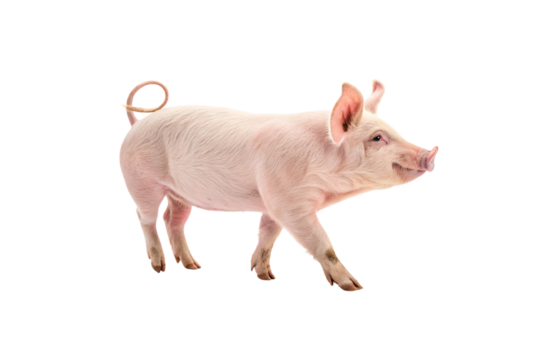 A pig appears in mid-stride, its body glows softly under clean lighting, with a perfect swirl in its tail