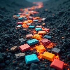 colorful tiles scattered on the ground amidst a volcanic eruption, volcanic ash, tiles, colorful