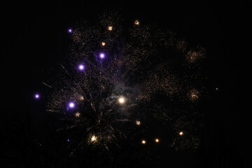 Small amatuer new years firework shooting fireworks. Photo taken in dark evening right before new years celbration.