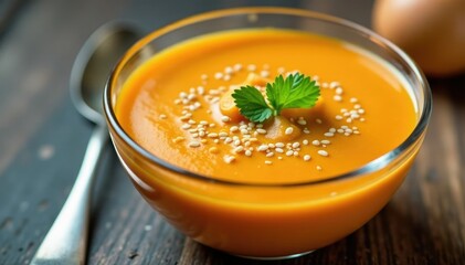 Creamy butternut squash and carrot soup served in a clear glass bowl with a sprinkle of sesame seeds, butternut, glass, served