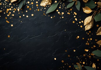 A luxurious black background adorned with scattered gold confetti, ideal for glamorous celebrations or festive events like New Year's, weddings, and anniversaries