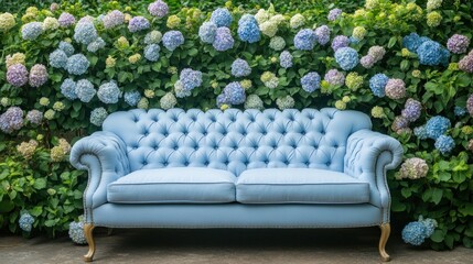 Obraz premium Blue sofa, hydrangea backdrop, garden, romantic setting, photoshoot