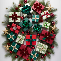 Christmas gift box with white ribbon on Christmas wreath, fir branches, Christmas balls