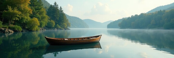Obraz premium A small wooden boat on a tranquil lake with surrounding trees, stillness, peaceful