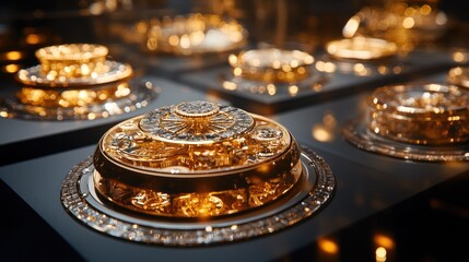 Golden intricate mechanisms, close-up, display case, glowing details