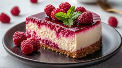 piece of cheesecake with raspberries and mint isolated on transparent background