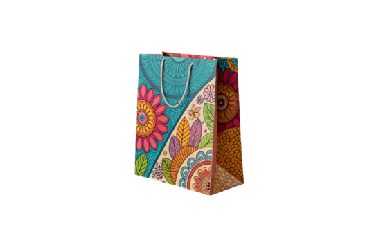 A vibrant gift bag adorned with intricate floral and geometric patterns in multicolored tones, evoking a cheerful, festive, and artistic essence