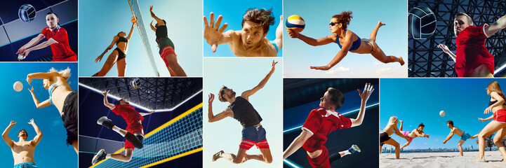 Volleyball intensity. Indoor and beach volleyball players mid-air playing with focus. Concept of professional sport, competition. Banner, poster, ads. Collage.