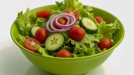 Fresh Salad with Crisp Lettuce, Cherry Tomatoes, Cucumber Slices and Red Onion Rings Served in a Bright Green Bowl