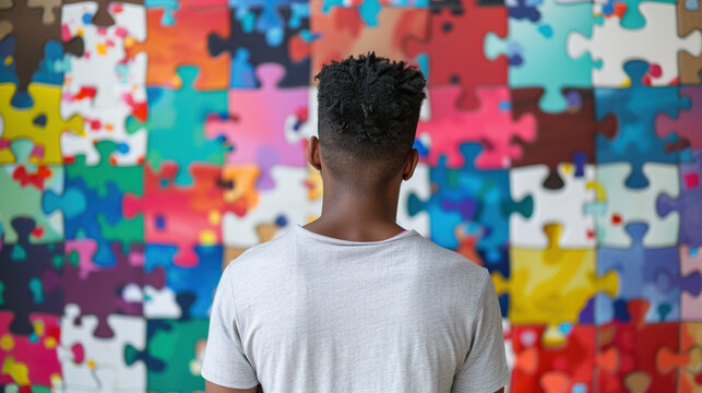 African-American man standing in front of a wall decorated with puzzle piece illustrations, symbolizing problem-solving, creativity, and collaboration. Teamwork, innovation, and finding solution