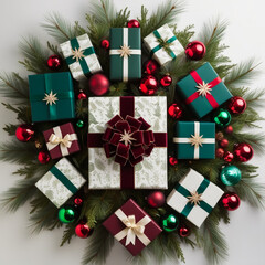 Christmas gift box with white ribbon on Christmas wreath, fir branches, Christmas balls