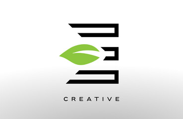 Letter E logo design with green leaf made of black lines vector