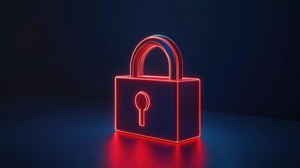 Cyber security technology with a neon padlock icon on a dark blue background, symbolizing encrypted protection