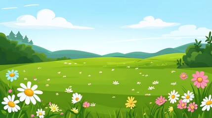 Fototapeta premium Sunny meadow landscape with wildflowers, hills, and forest; idyllic nature scene for background use