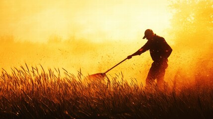 Silhouette of a Worker in Barley Field Against the Golden Sunrise with Dust and Soft Light