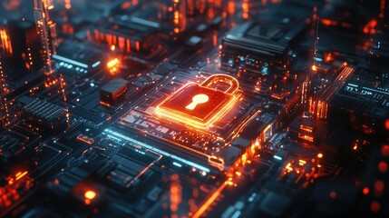 Fototapeta premium Digital safety concept with a glowing transparent padlock surrounded by abstract tech elements and data streams